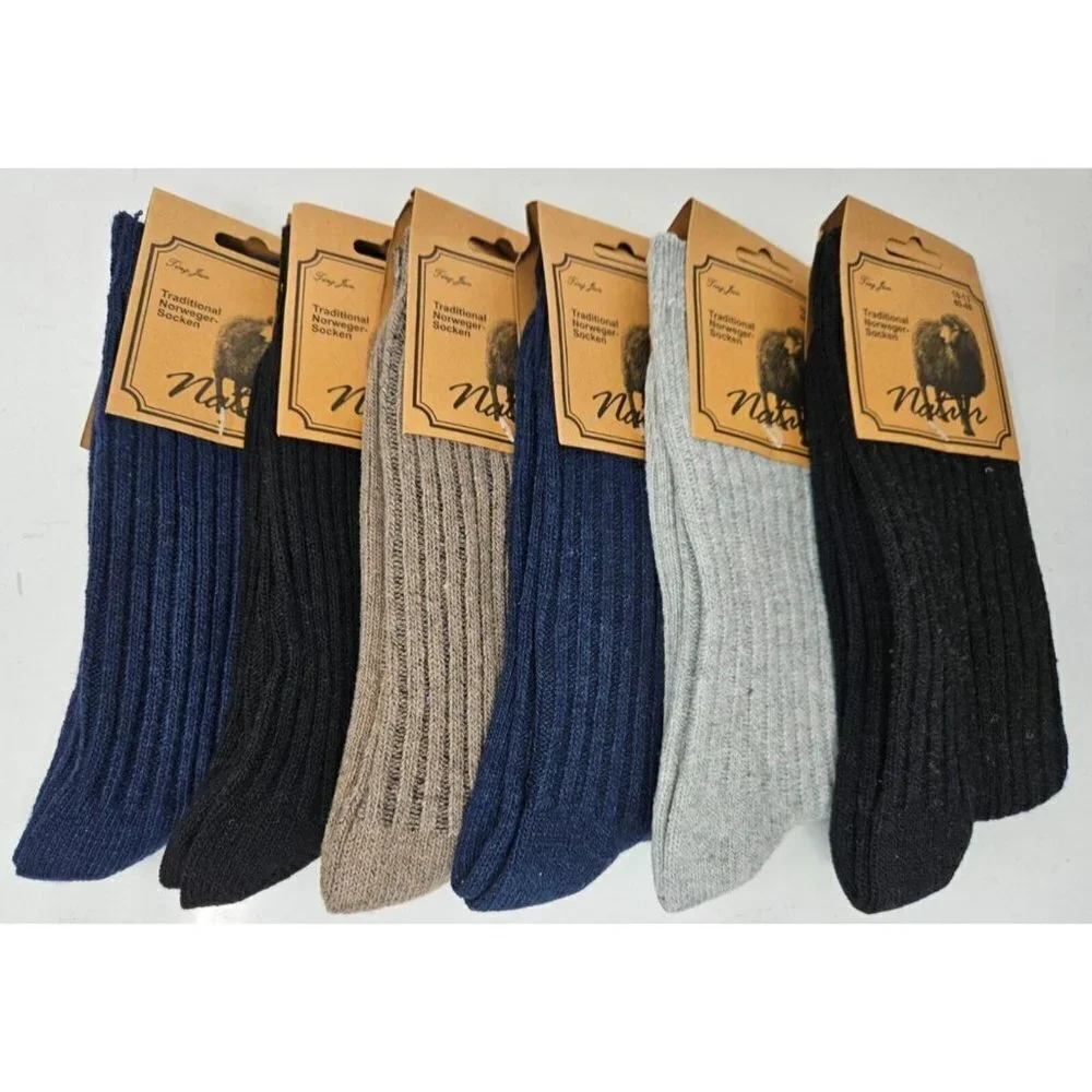 Men Wool Blend Socks, Norweger Warm Winter Boot Casual Thermal Crew Sox, 6 Pairs